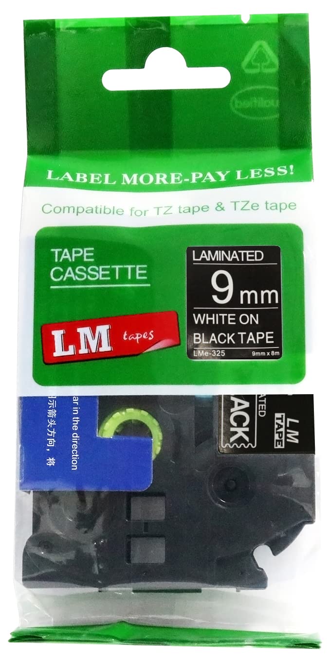 LM Tapes - Premium 3/8" (9mm) White on Black Compatible TZe P-Touch Tape for use with Brother PT-E105, PTE105, PT-E110, PTE110 Ptouch Label Printer