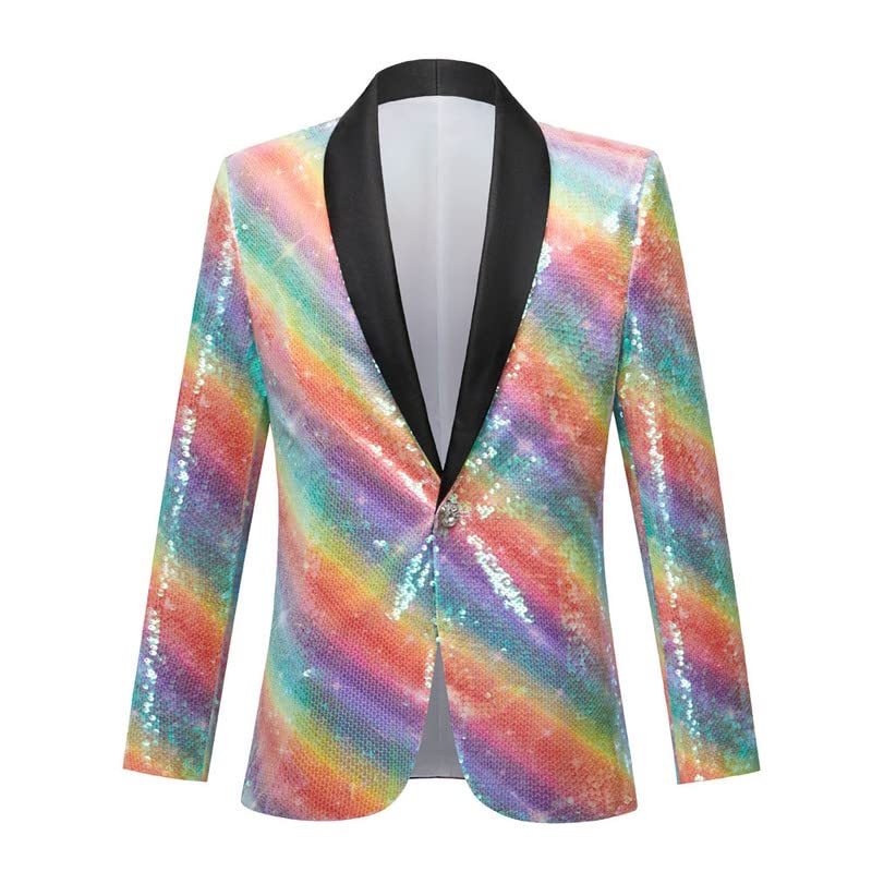 Men's Sequins Suit Jacket Stylish Shiny Blazer Rainbow Tuxedo One Button Dinner Party Dress Suit Wedding Prom
