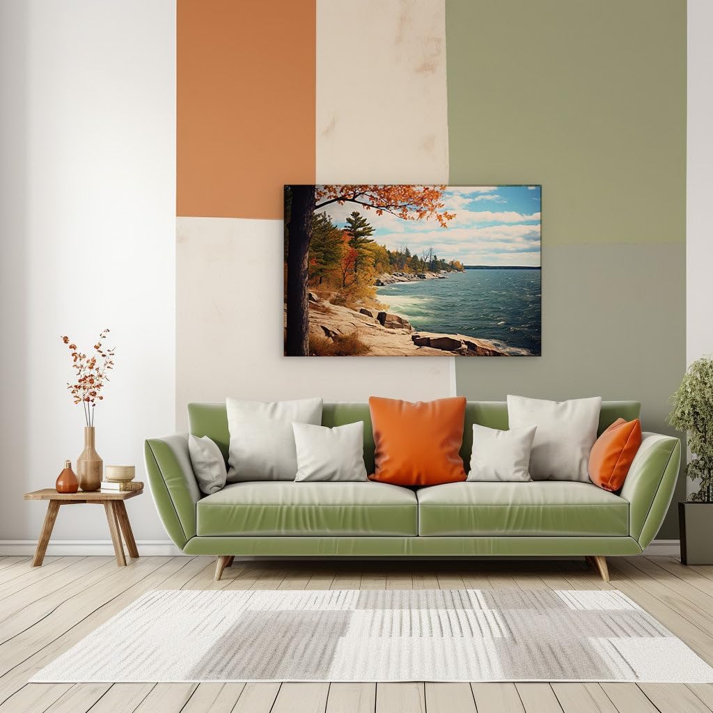 Canvas for Living room. Autumn Serenity by the Sapphire Lake Windswept Shores Cradle Nature's Palette, 27 x 18 inch Canvas Wall Art - Contemporary Masterpieces - Modern Home Decor