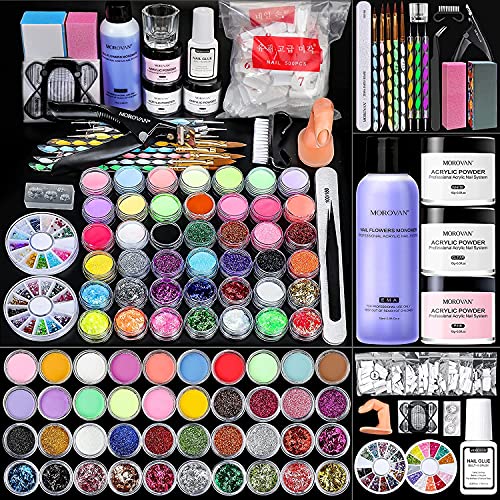 Morovan Acrylic Nail Kit For Beginners - Acrylic Nail Extension Set Professional Acrylic Powder and Nail Liquid Monomer Set with Nail Tips Acrylic Nails Brush Glitter Nail Supplies
