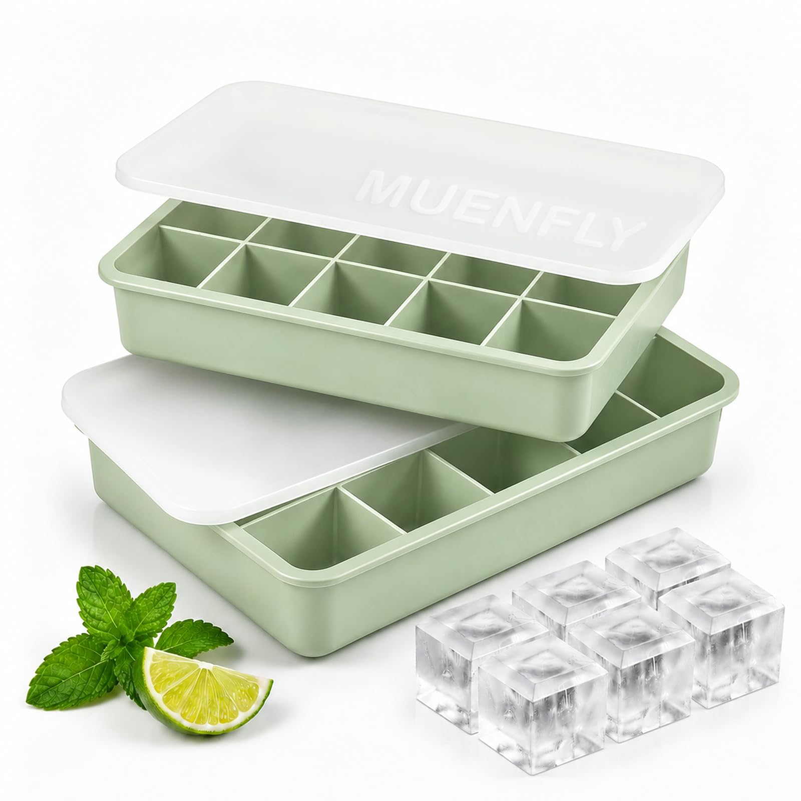 Pack 2 Cubiteras Silicona anti-olor con Tapa, 15 cavidades cada una, fácil de desmoldar, apilable, aptas para lavavajillas, LFGB sin BPA. Para hielo de café, whisky, purés. Verde