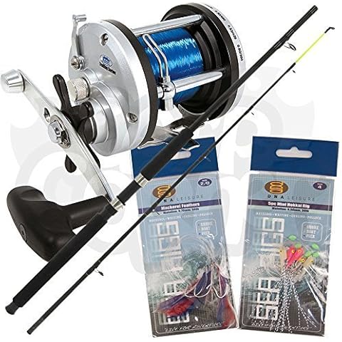 Lineaeffe NGT Boat Max 6ft 2pc 25lb Fibreglass Fishing Rod JD300 Sea Boat Multiplier Reel & 2 x Packs of Feathers Cover