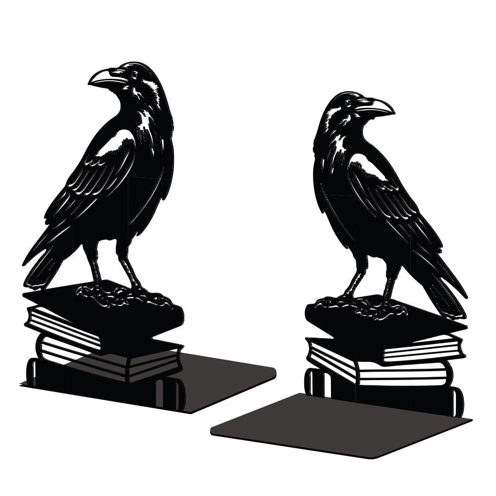 Peacoblue Lot De 2 Supports De Serre-livres En Métal Pour étagères Décoratives, 13,5 X 10,9 X 18,8 Cm, Moderne, Créatif Et Robuste Pour étagère De Bureau, 2 Paires (corbeau Et Crâne