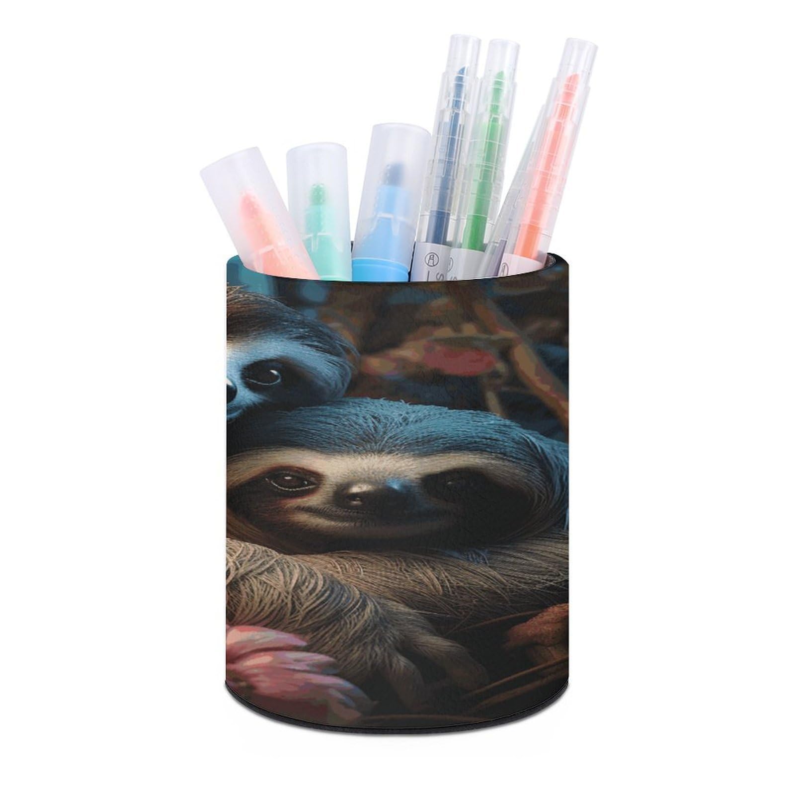 VstaDank Sloth and Baby Sloth Pen Holder Round Pencil Holder Cup Pen Container PU Leather Desk Organizer Stand Decorative Brush Scissor Holder Decoration Office Desk Home (3.1 x 3.9 inch)