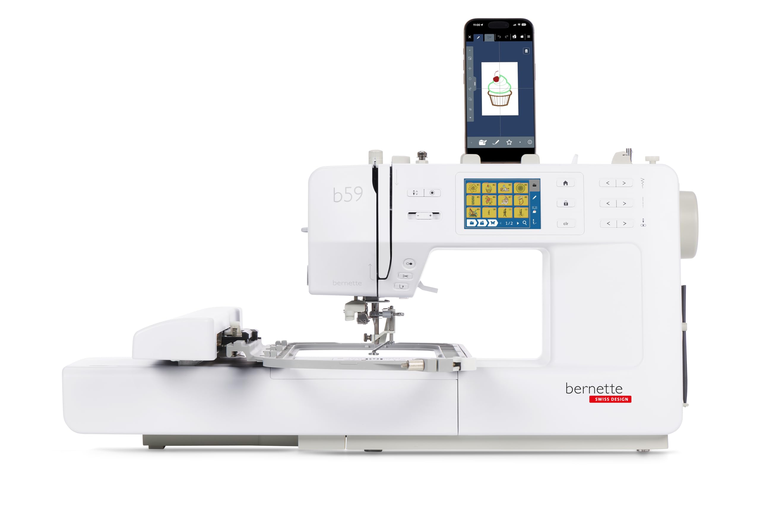 Bernette Machine à coudre et à broder informatisée B59 avec cerceau multi-positions, édition de broderie à l'écran et support pour smartphone