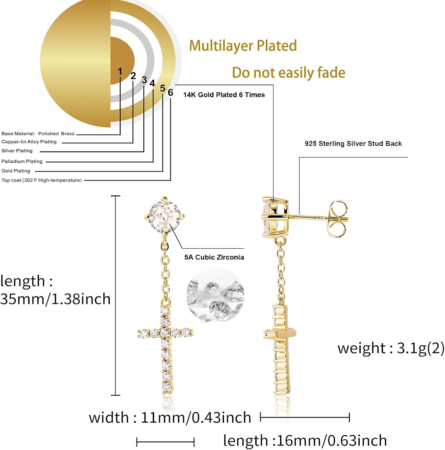JINAO Cross Hoop Dangle Earrings 14K Gold Plated 5A+ Cubic Zirconia Cartilage Hypoallergenic Sterling Silver Cross Dangle Drop Earrings For Men Women - Image 2