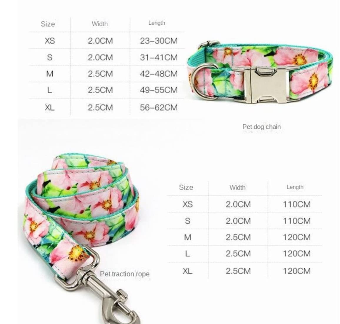Correa Perro Correr Collar para Perro Mascota, Estampado Floral Rosa Personalizado, Bonito Conjunto De Y Correa para, Hebilla Liberación Rápida Antideslizantes Reforzada(42-48cm)