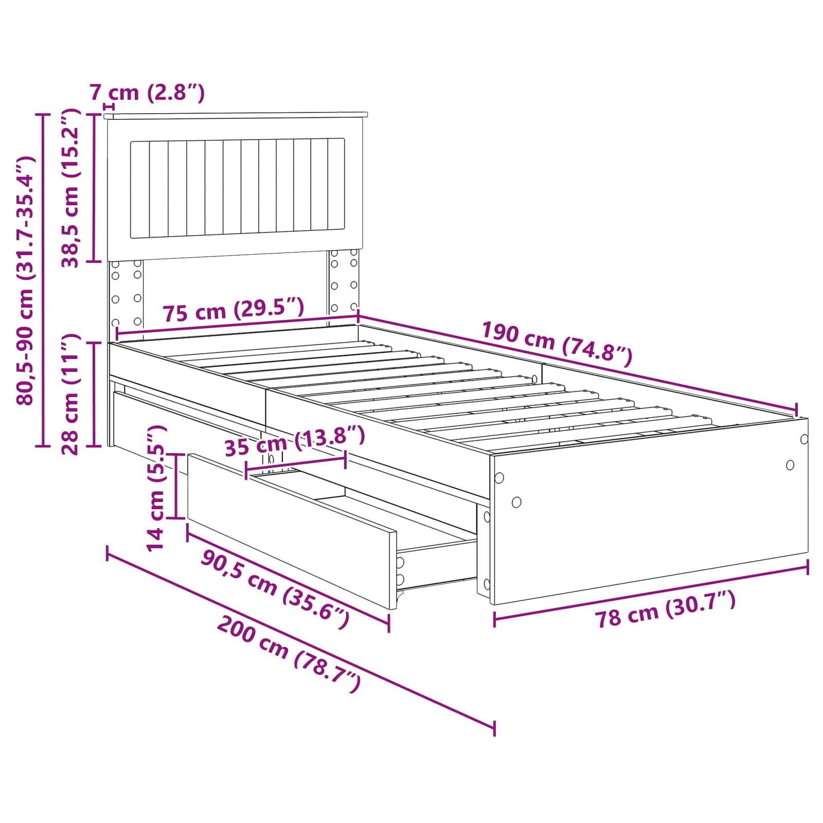vidaXL Lit de Rangement avec tiroir Noir 75 x 190 cm Bois d'ingénierie