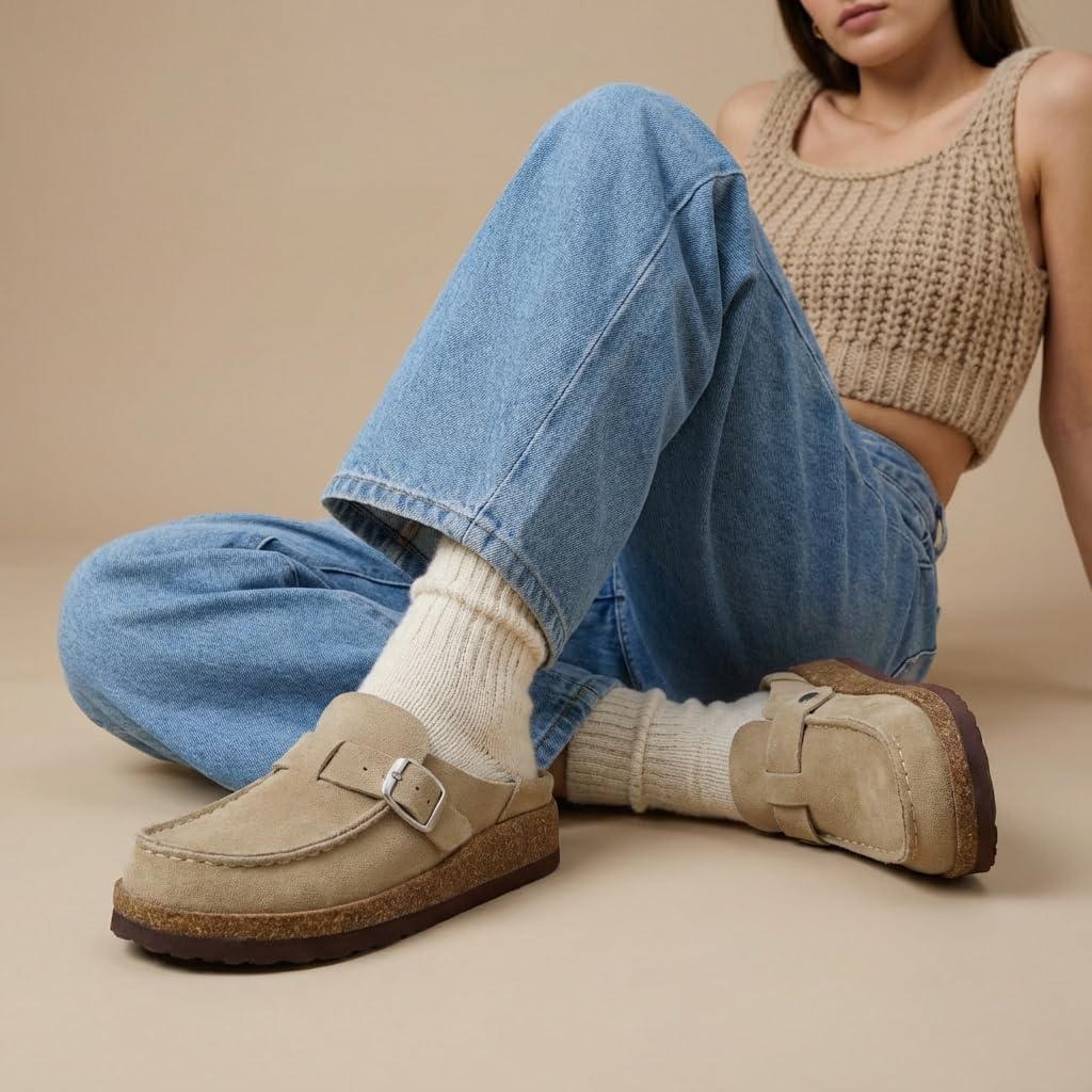 CUSHIONAIRE Hobby Genuine Leather Suede Mule Clogs for Women with Buckle Strap and Cork Footbed, Supportive All-Day Comfort in Womens Shoes - Image 6