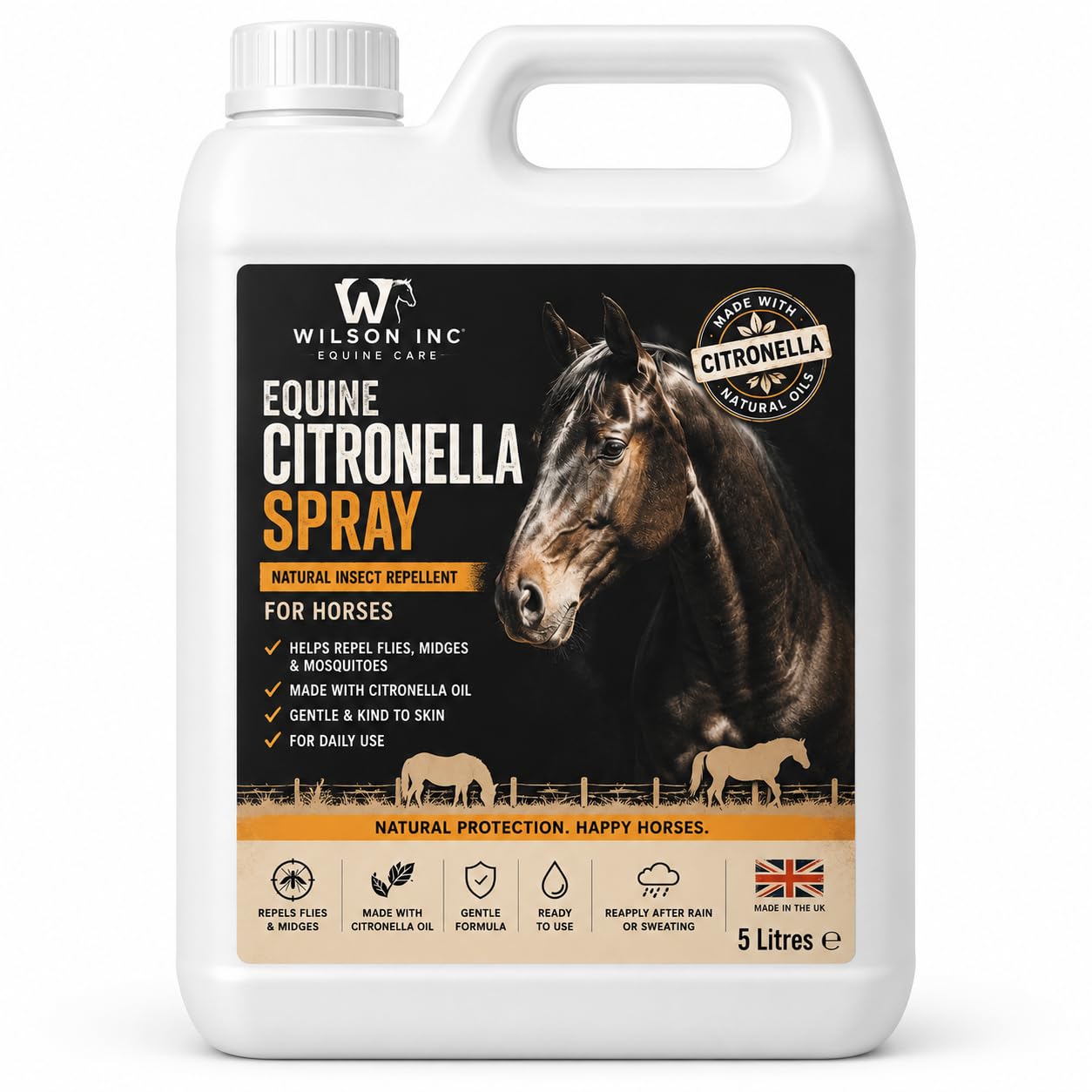 Citronella Spray for Horses & Ponies – Premium Equine Summer Coat Spray – Long-Lasting Citronella Scent for Turnout, Grooming, Riding & Stable Use (5ltr)