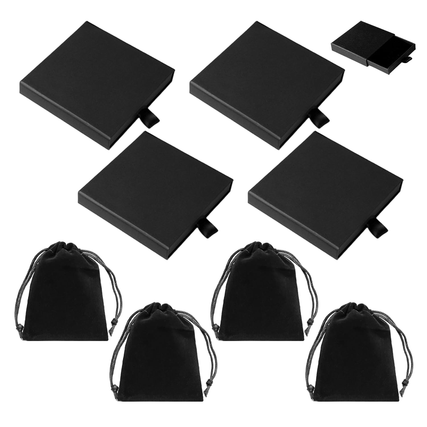Eowvisn Black 4 Drawer Jewelry Boxes And 4 Bags, 9X9x1.7cm Earring Ring Storage, 10X12cm Packaging Bag, Suede Lining To Protect Jewelry.