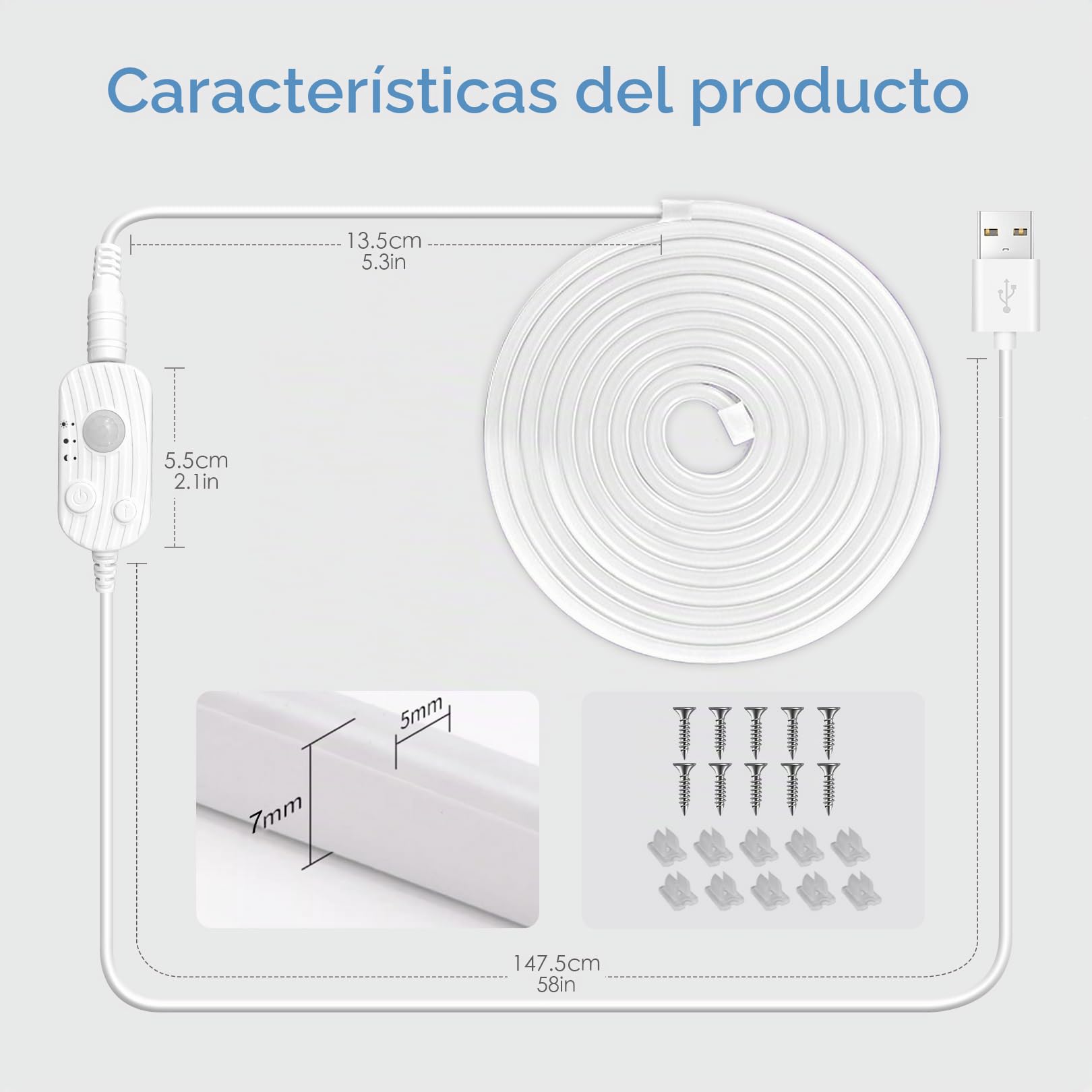 YOODI Tiras LED con Sensor de Movimiento, 5M Neutra Iluminacion LED con Temporizador, Luz LED Nocturna Neón Flexible Cortable, Tira de Luz de Atenuación Continua para Dormitorios, Escaleras