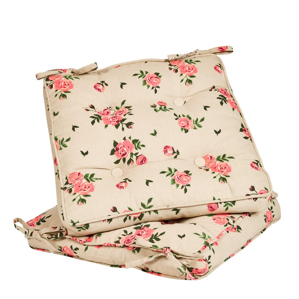 Garden Chair Cushion Seat Pads Dining Cushions (Set of 2, Beige Floral)