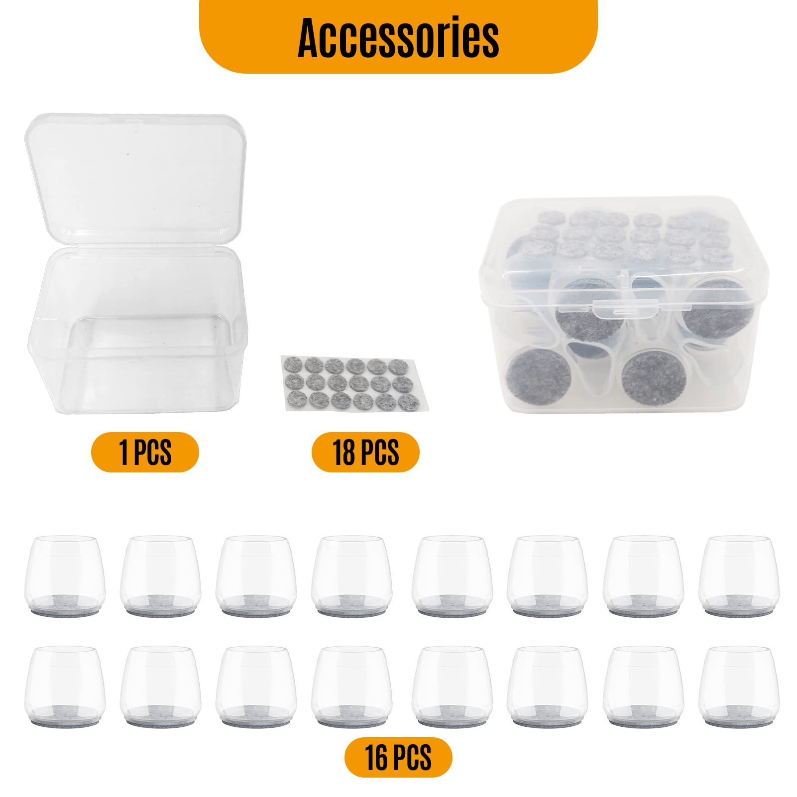 16 fundas transparentes para patas de silla, 18 piezas de fieltro multiusos, para proteger muebles de alta gama y suelos de madera contra arañazos de ruido