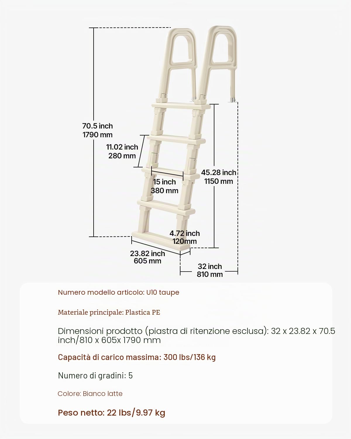 VEVOR Scala per Piscina con Corrimano Doppio a 5 Gradini Inclinata a 75° Scaletta per Piscina, Gradini Antiscivolo Resistenti, Capacità di Carico 136 kg per Piscine Interrate e Fuori Terra 121-137 cm