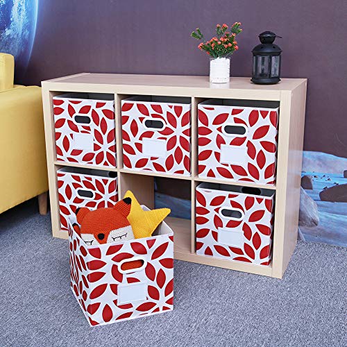Image of MAX Houser Fabric Storage Bins Cubes Baskets Containers with Dual Plastic Handles for Home Closet Bedroom Drawers Organizers, Foldable, Set of 6 (Red)