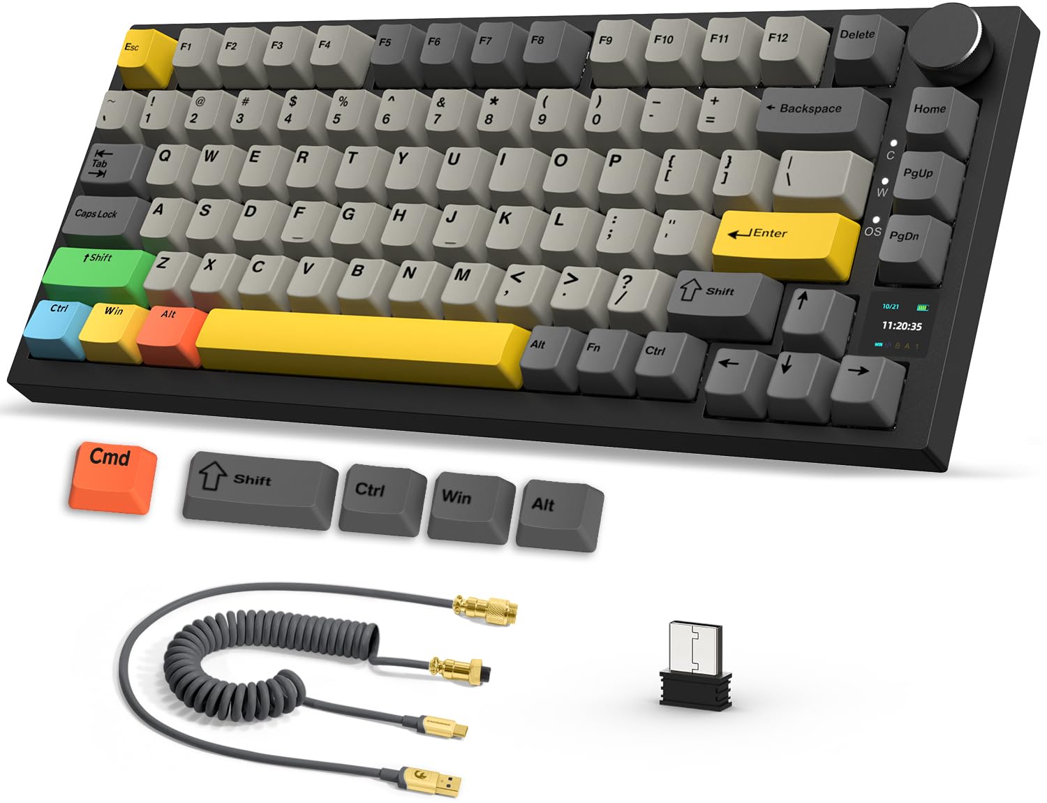 AJAZZ AK820PRO 75% TKL Teclado mecánico inalámbrico para Juegos con Cable USB C en Espiral,2.4G/BT5.1/USB-C,Pantalla TFT a Color y Perilla CNC,iluminación RGB,Intercambio en Caliente-Negro Gris