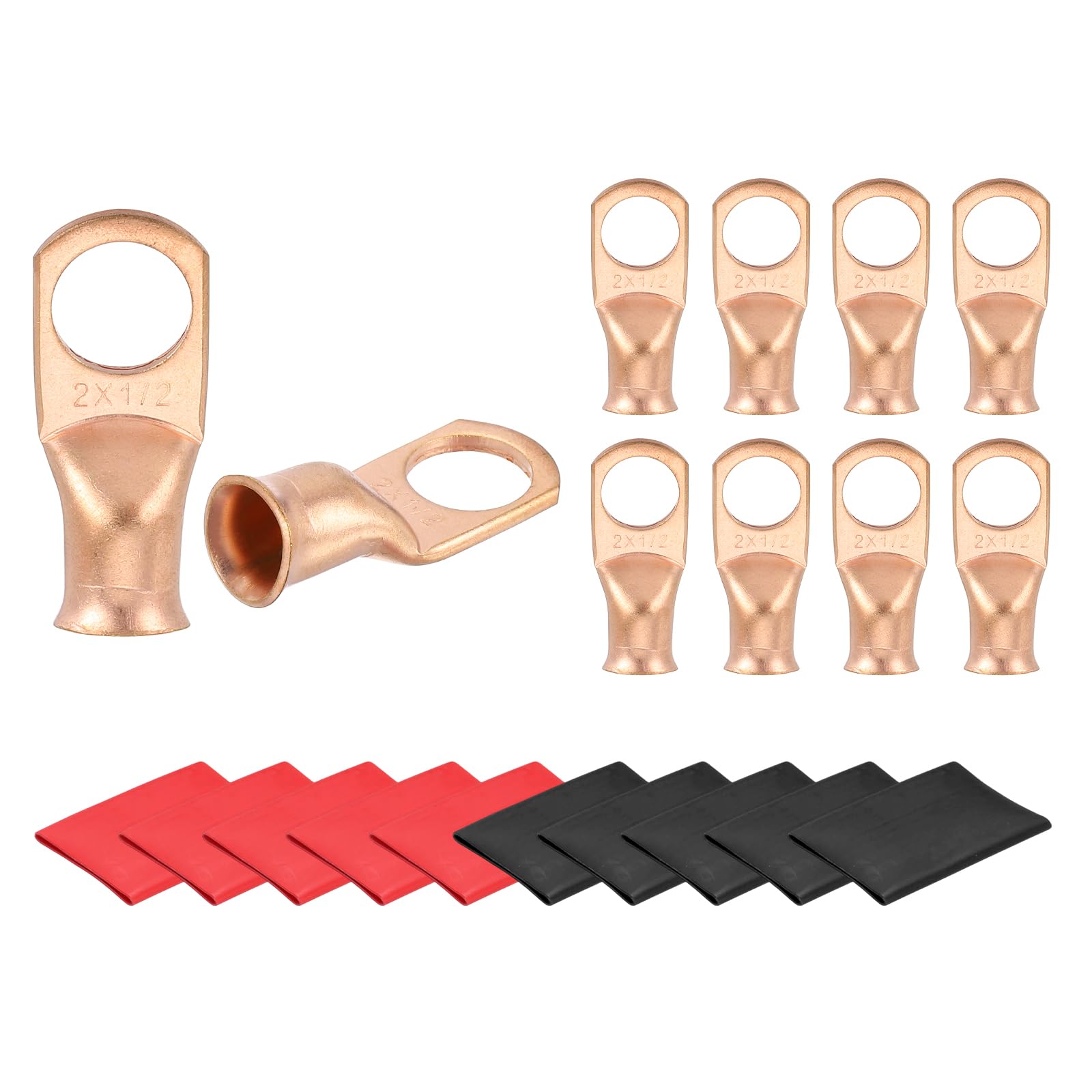 sourcing map 10 Pcs Battery Cable Ends 2 AWG 1/2 Inch Tubular Ring Terminals Closed End Crimp Connectors Bare Copper Eyelet with Heat Shrink Tubing, Gold