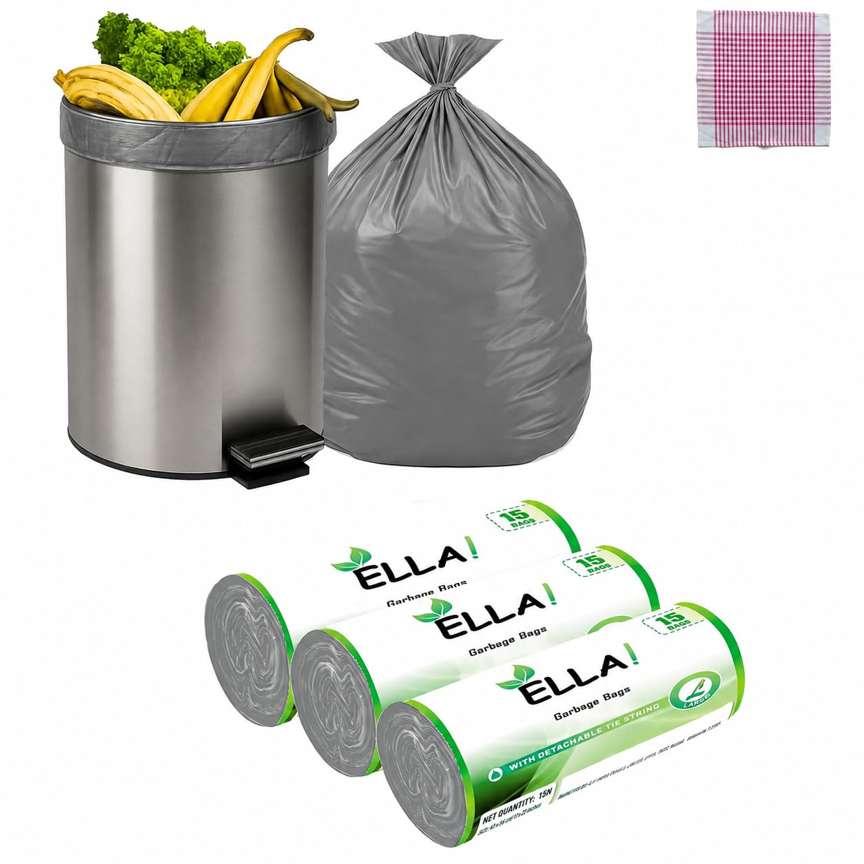 ELLA Grey Garbage Bags 24 x 32 Inches 3 Rolls 45 Bags Large Size Tear Resistant Trash Covers for Wet Waste Dry Waste in Homes Offices and Commercial Spaces With Check Duster Cloth Free