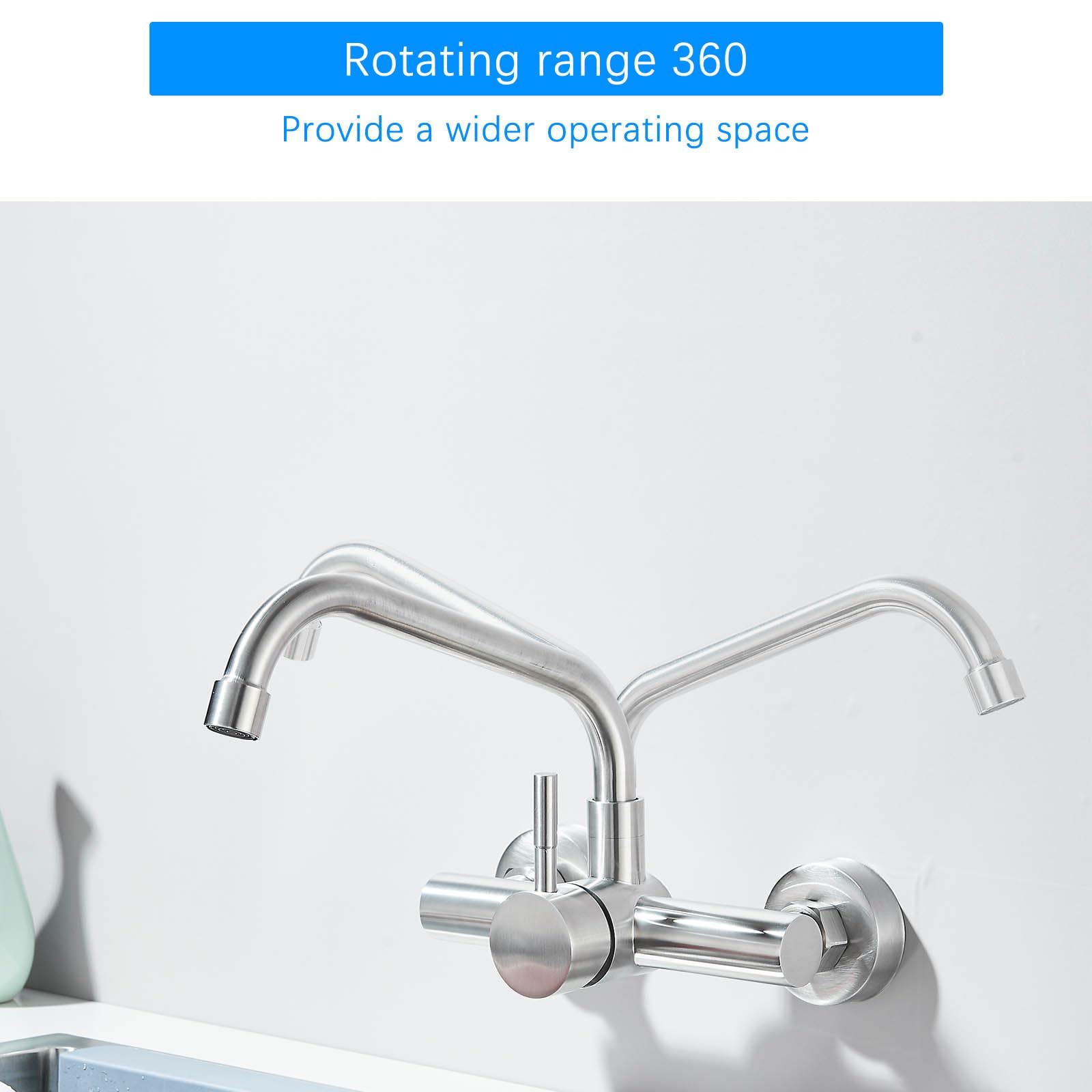 Grifo Cocina de Pared 15 cm Orificio de Montaje, Grifería de Mezclador Monomando de Acero Inoxidable 304, Grifería de Fregadero Rotación de 360​°, Agua Fría y Caliente, Plateado