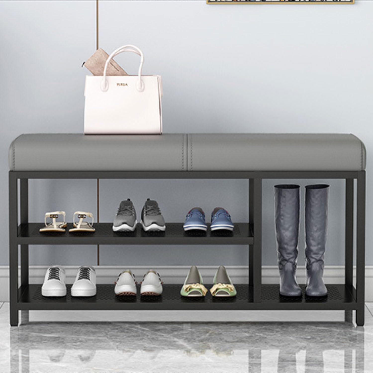 SXZenSpace Shoe Changing Bench Entrance with Upholstered, Bedside Bench, Sofa 2-Tier Metal Rack Suitable for Closet Hallway Doorway Living Room