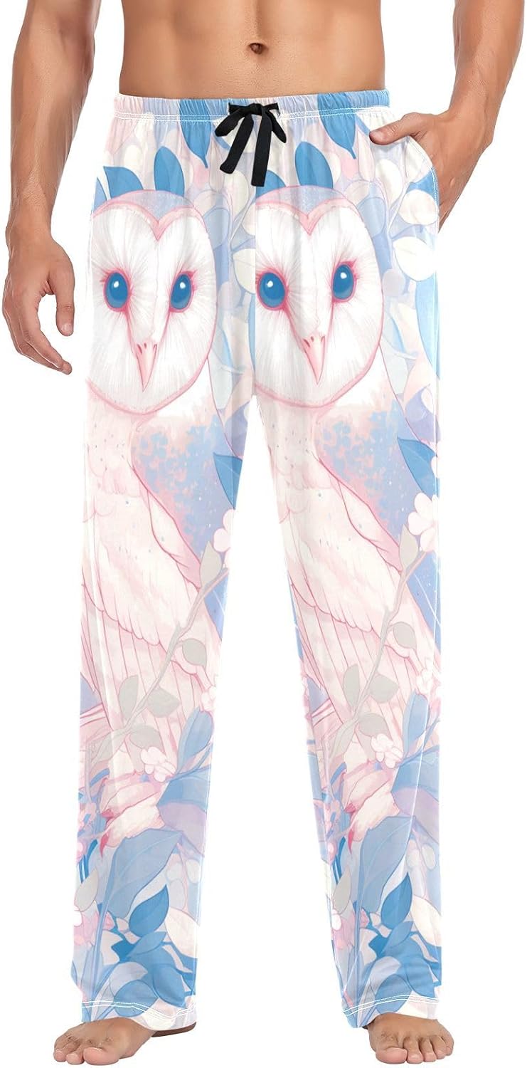 Cartoon Barred Owl Peach Mens Pajamas Bottoms Mens Pyjamas Pants with pockets for Adult Drawstring XX-Large