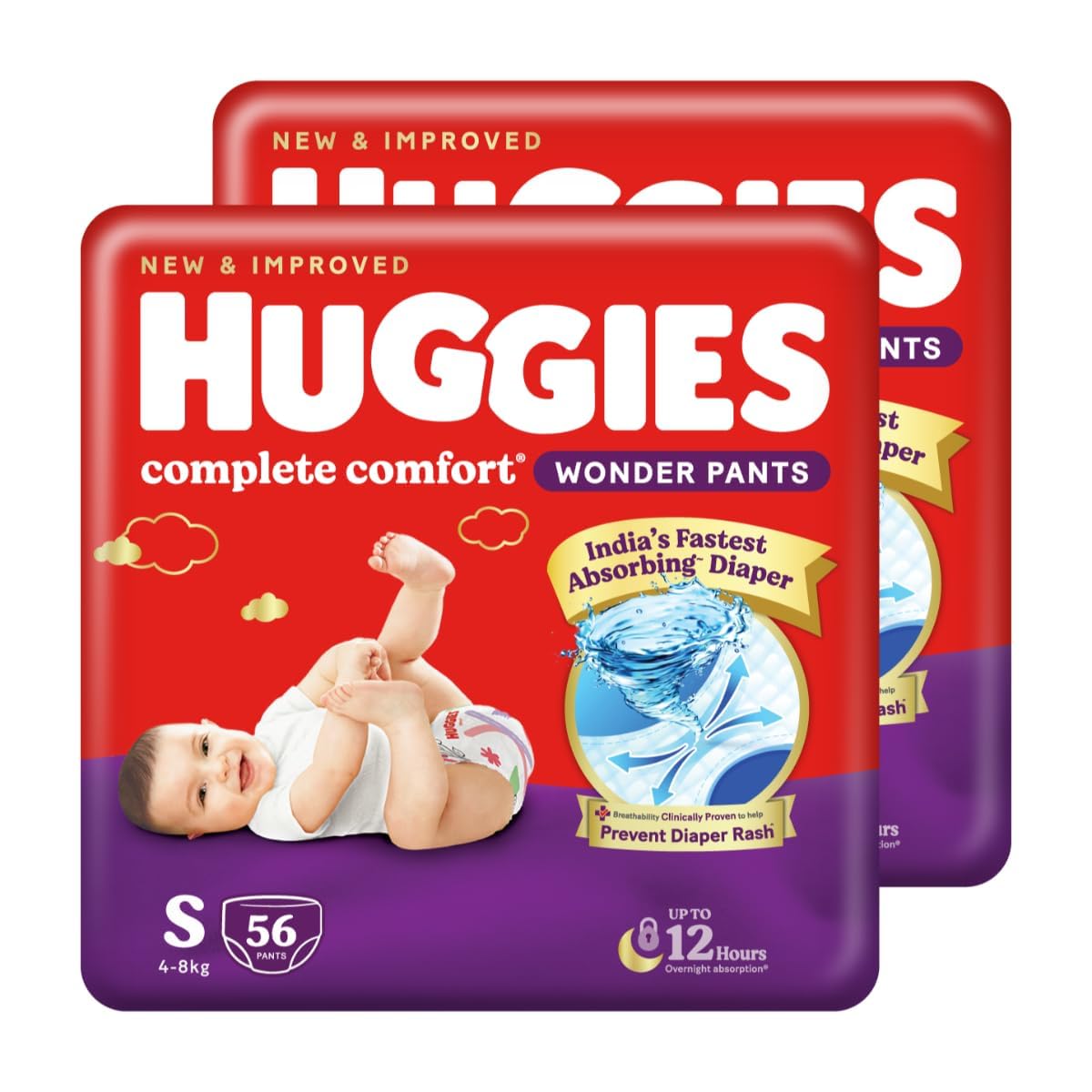 Huggies Complete Comfort Wonder Pants | Pant Style Baby Diapers S Size, 112 Count | India's Fastest Absorbing Diaper, Patented Dry Xpert Channel, Ideal for 4 to 8 Kgs