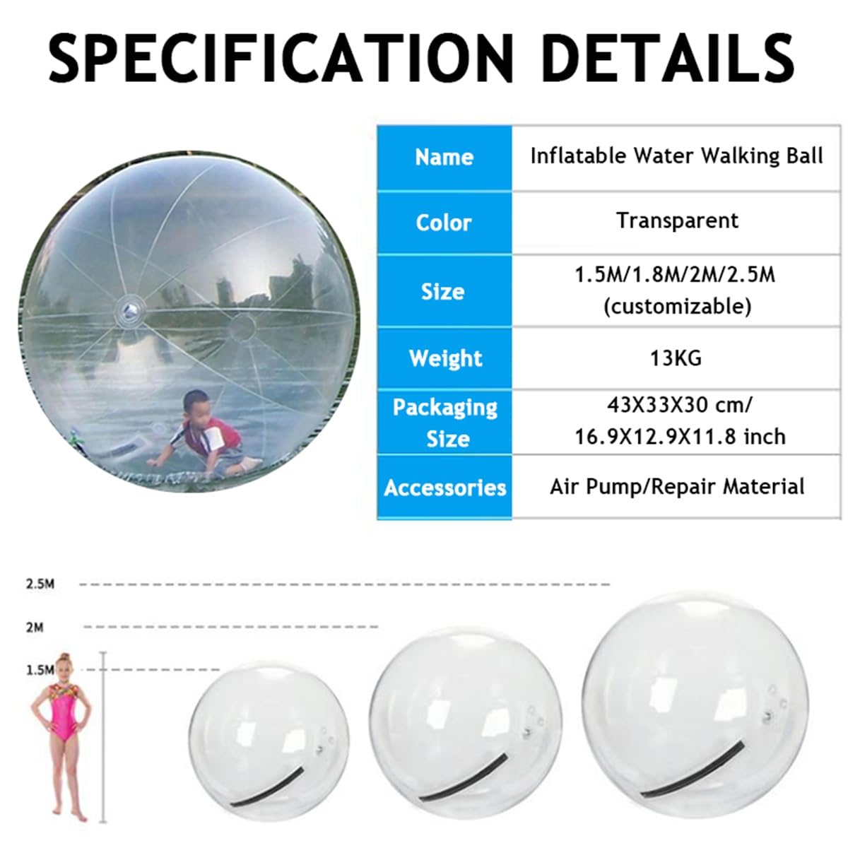 Pallone gonfiabile in PVC trasparente, con cerniera, per spiagge e piscine, con pompa ad aria, divertente attrezzatura per sport acquatici