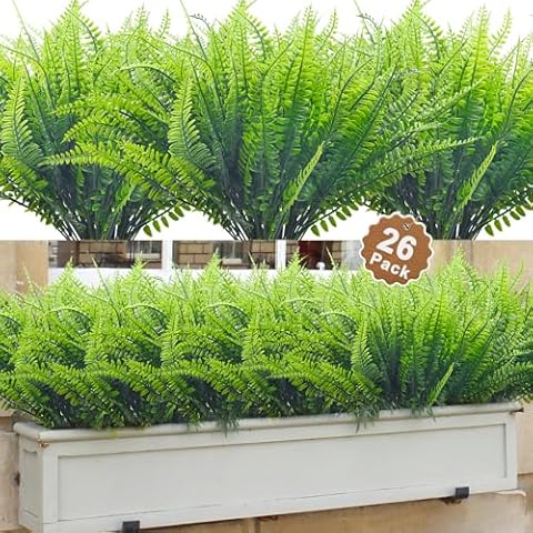 Aufind 26 Bundles Artificial Plants, Outdoor Indoor UV Resistant Fake Boston Fern Faux Plant No Fade Plastic Greenery Shrubs Garden Porch Window Box Decorating (Green) Cover