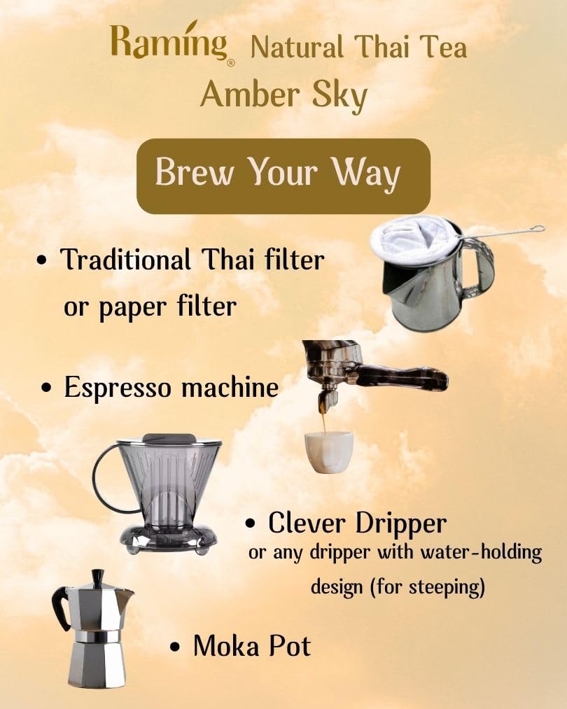 Raming Natural Thai Tea Amber Sky – Authentic Thai Assam Tea, Naturally Orange from Carotenoids – Thai Tea Powder for Straining, Milk Tea & Boba – No Artificial Dyes – 200g (7.05 oz)