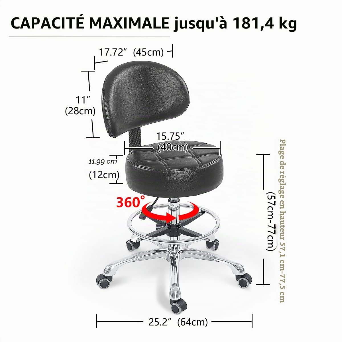 Grace&Grace Tabouret pivotant à Hauteur réglable avec siège Rond Extra Large et Extra épais et Dossier Confortable, Base en métal Robuste pour Salon, Massage, Usine, Boutique