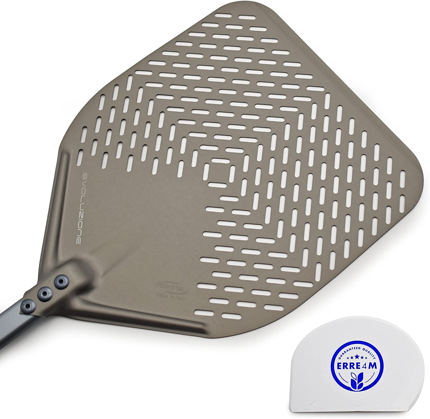 Pala para pizzas, pala evolución perforada para hornear pizza Gi-Metal con espátula para masa de regalo (33 x 33 cm longitud total: 183 cm)