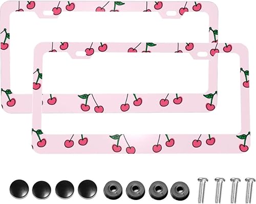 Delerain Cherry - 2 marcos para matrícula, de metal de aluminio con tapas de rosca, 2 agujeros, para cubrir la etiqueta de automóvil o vehículos