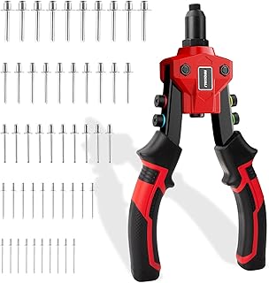 IMQUALI Pop Rivet Gun, Manual Hand Riveter Tool Kit with 400pcs Assorted Rivets Kit, Heavy Duty Hand Riveter with 5 Nosepieces for Metal, Aluminum, Plastic, Tube Stock, Wood, IM20