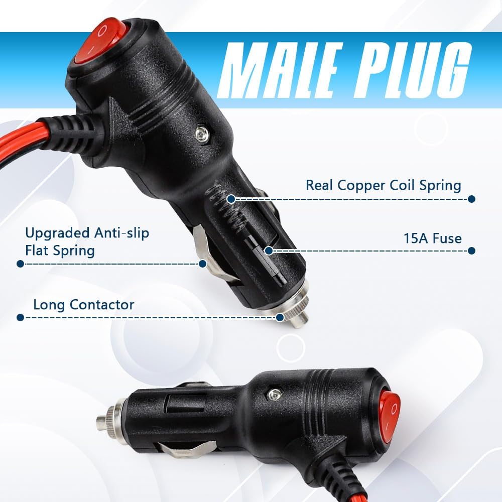 12V Car Cigarette Lighter Splitter, 2 Way Cigarette Lighter Splitter Power Charger Port, 1 to 2 Splitter Y Adapter for Car, 16AWG Cigarette Lighter Extension Cord with 15A Fuse