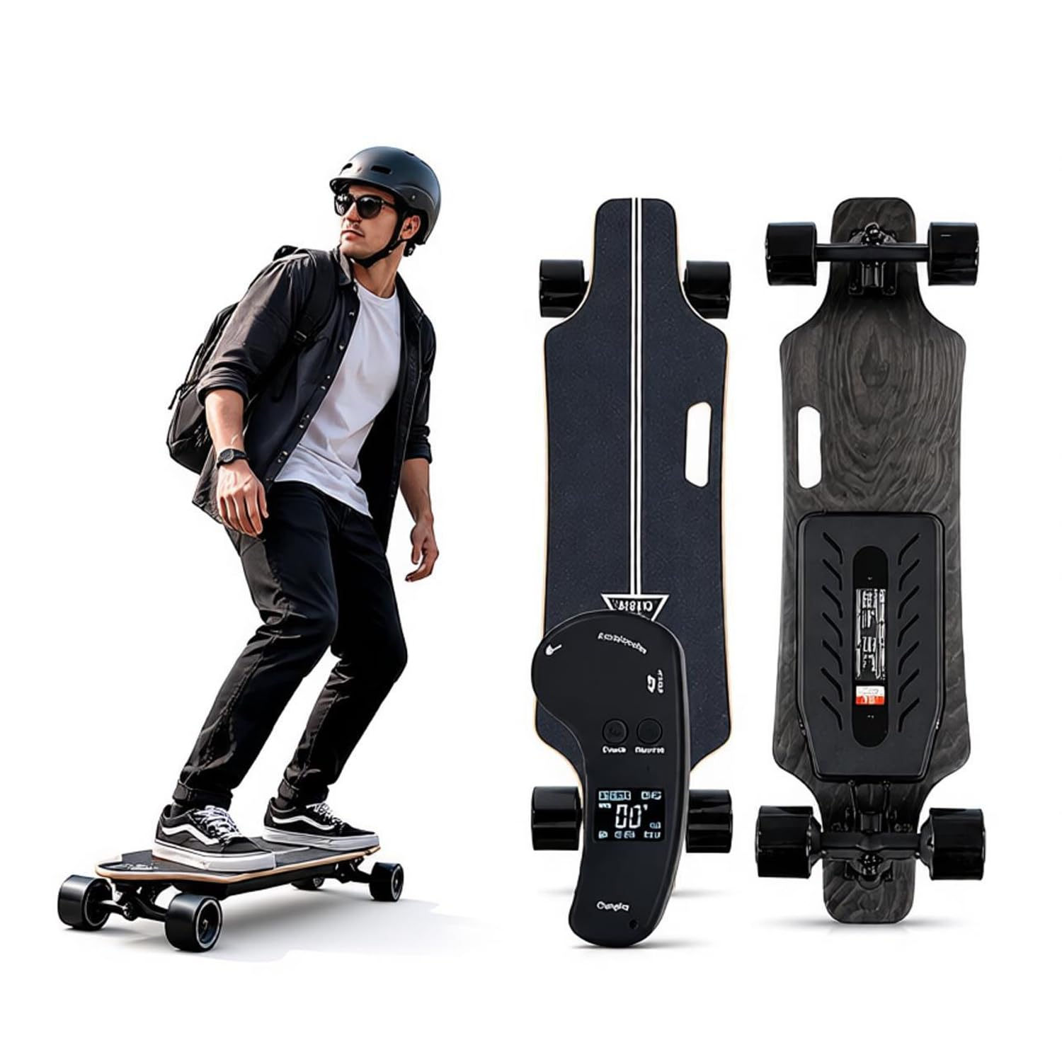 Skateboard électrique Adulte Tout Terrain avec Double Moteur, télécommande LCD, Plateau en érable 83x21cm, Roues PU Larges, Longboard Portable pour Loisirs, Campus et balades urbaines