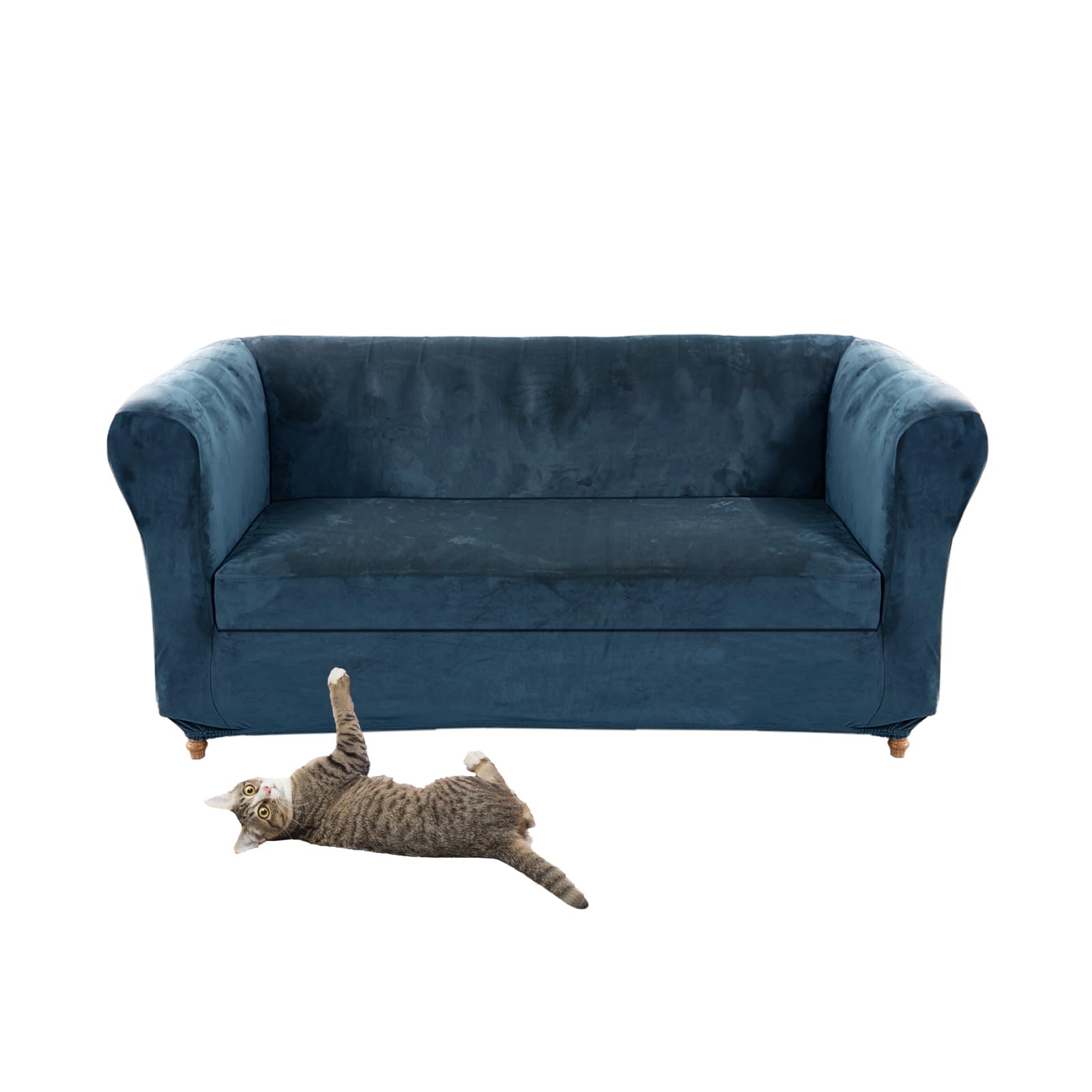Stretch Velvet Chesterfield Sofa Cover with Seat Cushion Covers for Curved Chaise Armchair Vintage Style (Blue Love + Large 2 Seater 1 Piece)