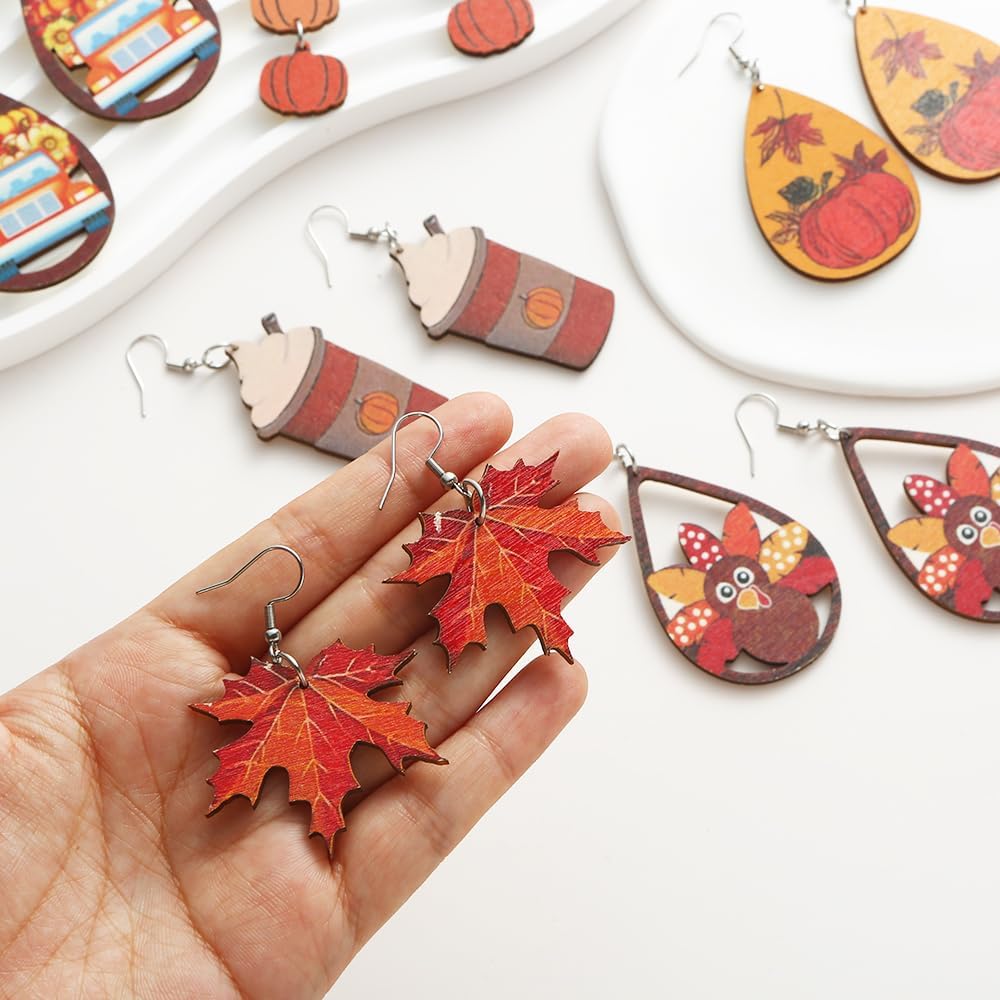 24PCS Thanksgiving Earrings Set Autumn Fall Earrings for Women, Wooden Maple Leaf Sunflower, Turkey, Pumpkin Earrings-Thanksgiving Jewelry Gifts Decor - Image 4