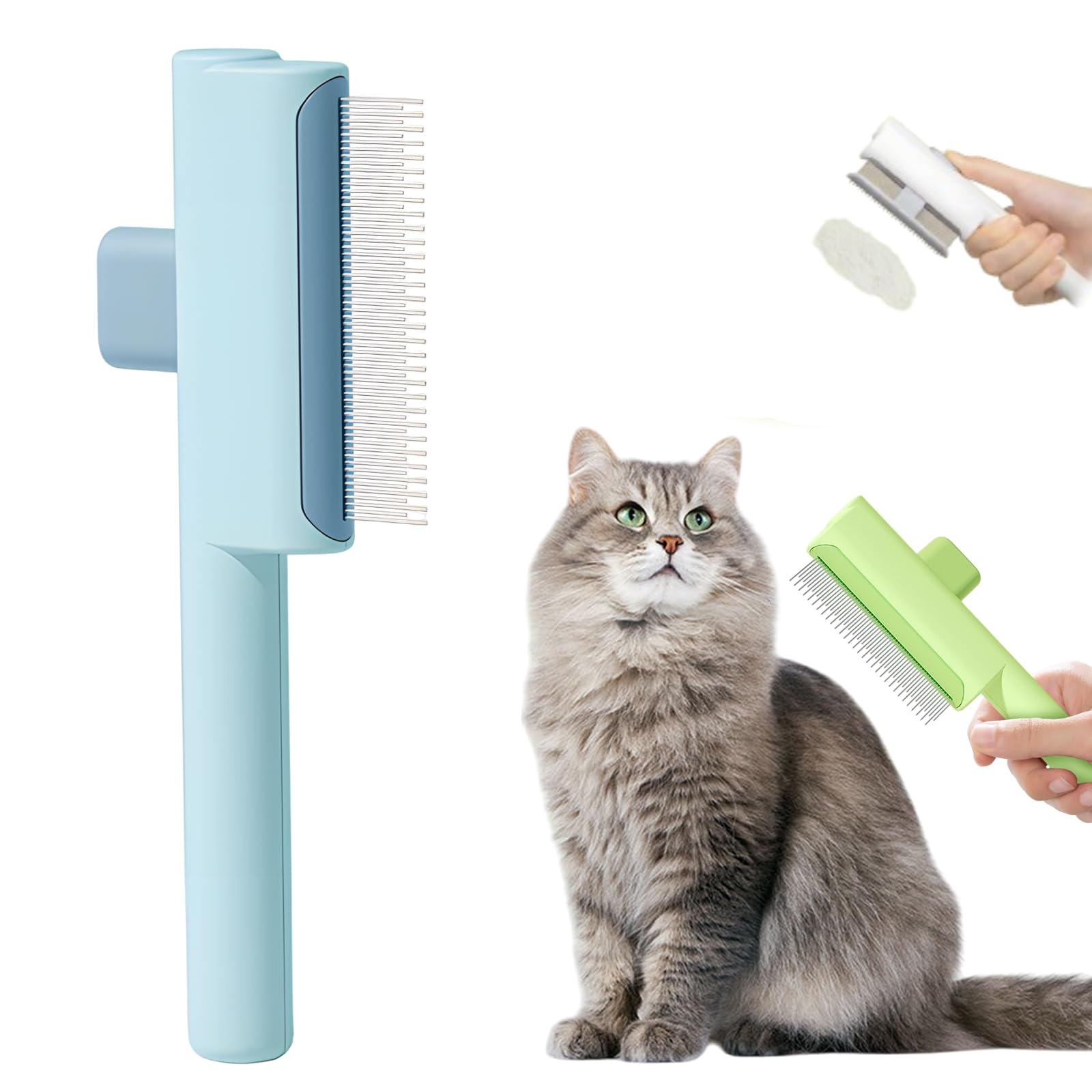Pet Hair Removal Comb Flea Comb, 2025 Upgrade Cat Grooming Brush, Cat Brush with Release Button, De-Shedding Hair, Dog Grooming Supplies, Fine-Tooth Massage (Blue)