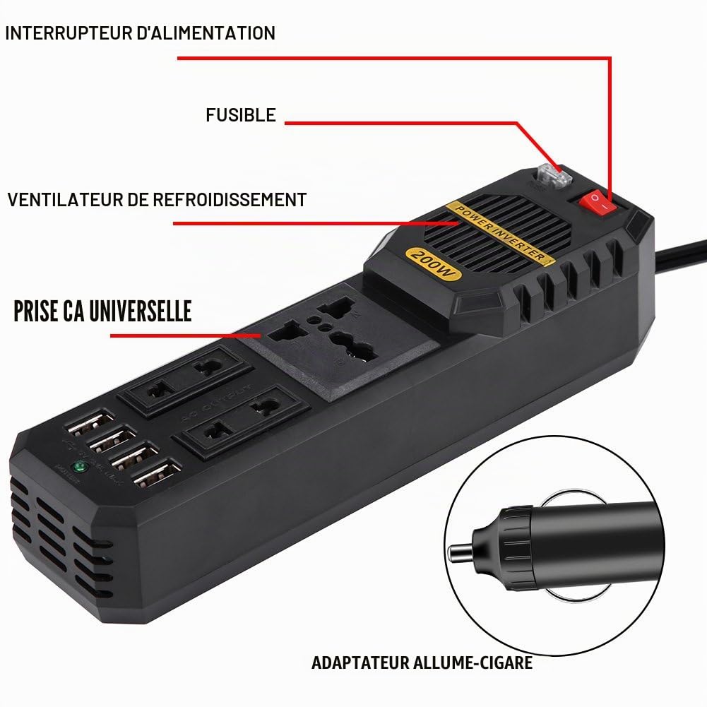 Keenso Mini Onduleur 200W, Converter Convertisseur DC 12V à 220V AC Power Car Inverter Transformateur de Tension de Voiture avec 4 Allume-Cigare de Port USB Inverseur de Voiture