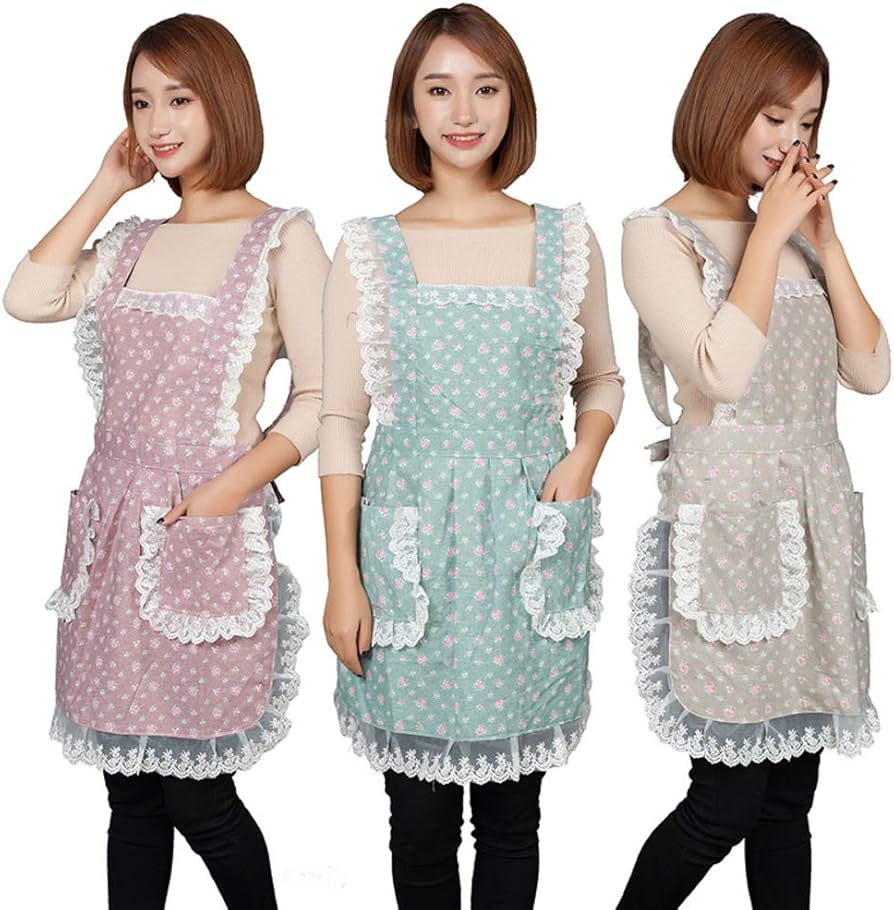 Amazon｜花 レース エプロン 女性用,コットンリネン 洗える ビブ