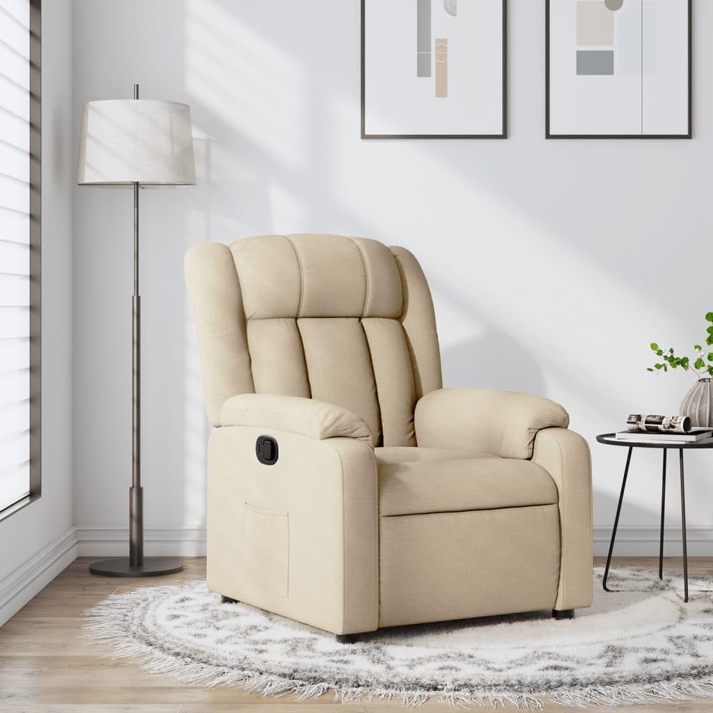 Fotel relaksacyjny, kremowy materiał z ręczną funkcją leżenia, ergonomiczny fotel tapicerowany z podłokietnikami, rama drewniano-metalowa, kieszeń boczna, 78 x 92 x 98 cm, wygodny do salonu i