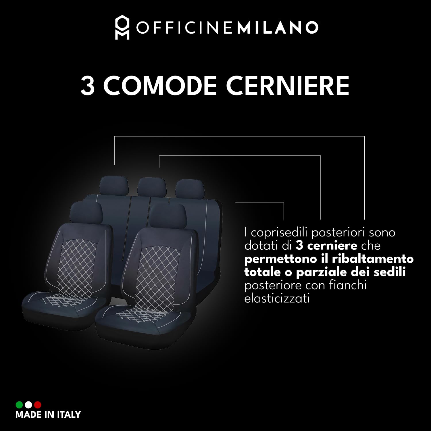 OFFICINE MILANO Coprisedili Auto Universali 11 Pezzi Antiscivolo Elasticizzato Trapuntato Poliestere