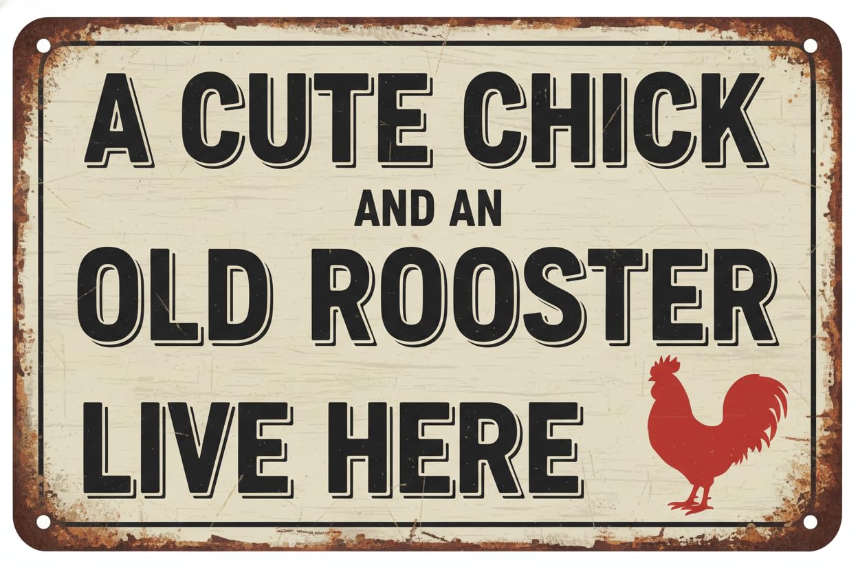 A Cute Chick & An Old Rooster Live Here Rustic Primitive Metal Sign 12"x8" Vintage Signs Aluminum Plates Printed