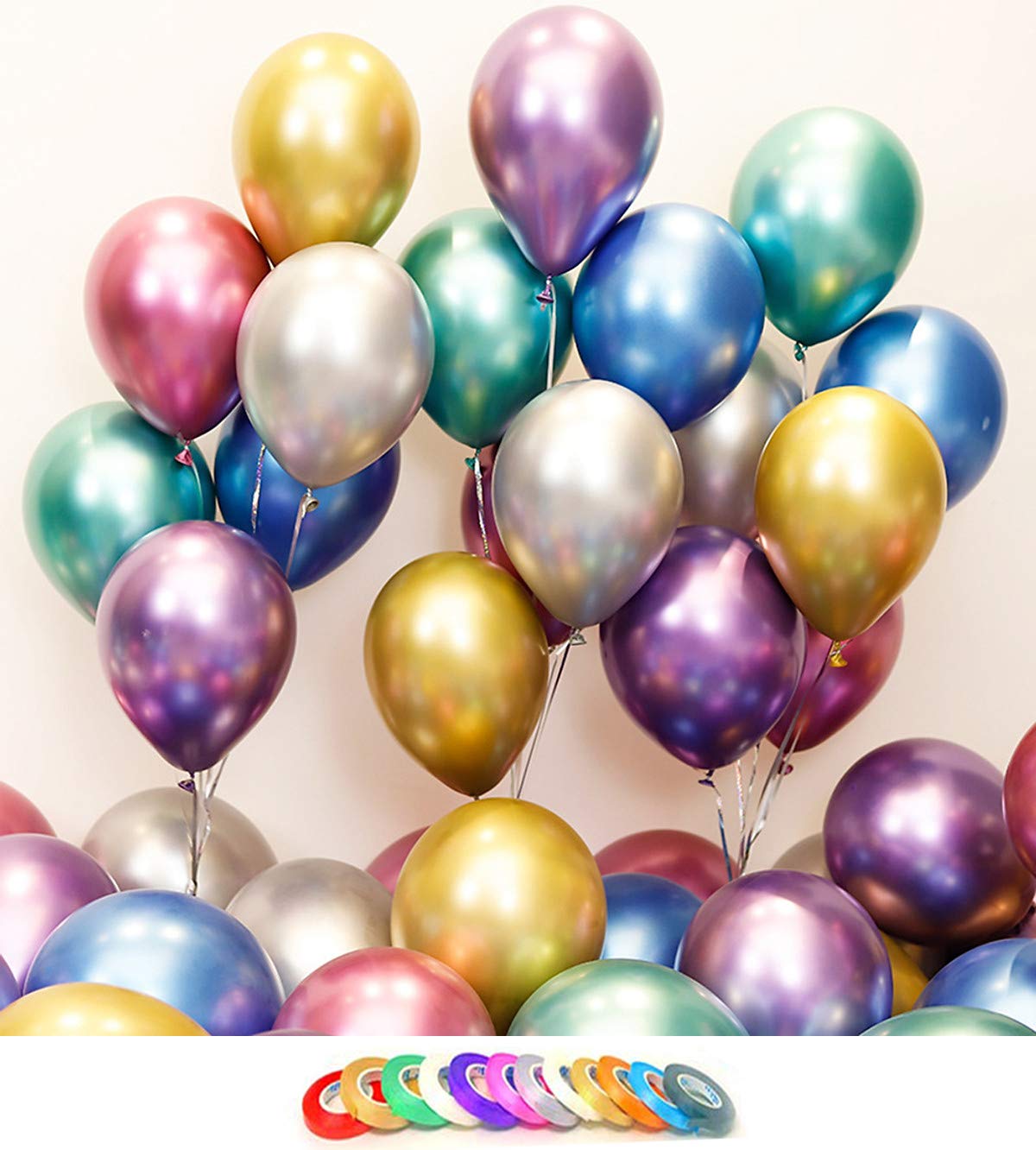 AMFIN® (Pack of 104) Chrome Balloons with Curling Ribbon for Kids Birthday Party Decorations, Baby Shower, Wedding Anniversary, Engagement Decoration, Office Party, Home Decor Items - Multicolor