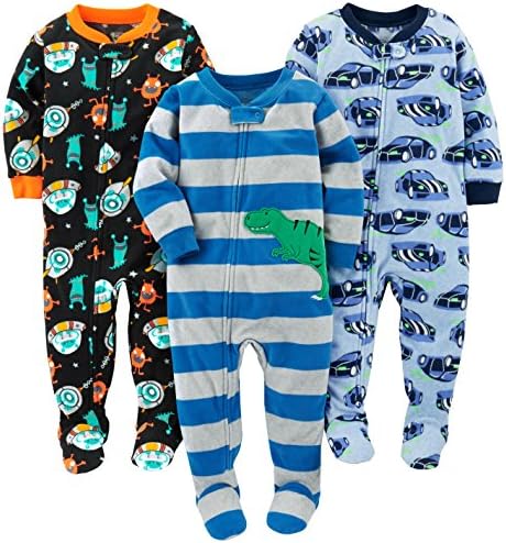 Simple Joys by Carter's Baby Boys' Loose-Fit Flame Resistant Fleece Footed Pajamas, Pack of 3, Cars/Space/Dinosaur, 18 Months