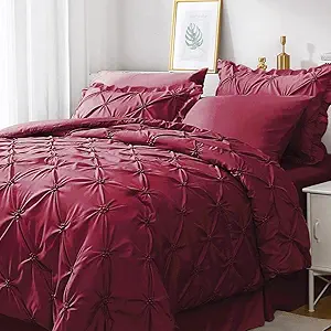 JOLLYVOGUE Dark Red Cal King Size Comforter Sets 7 Pieces, Pintuck Bed in a Bag Comforter Set for Bedroom, Bedding Comforter Sets with Comforter, Sheets,Ruffled Shams & Pillowcases