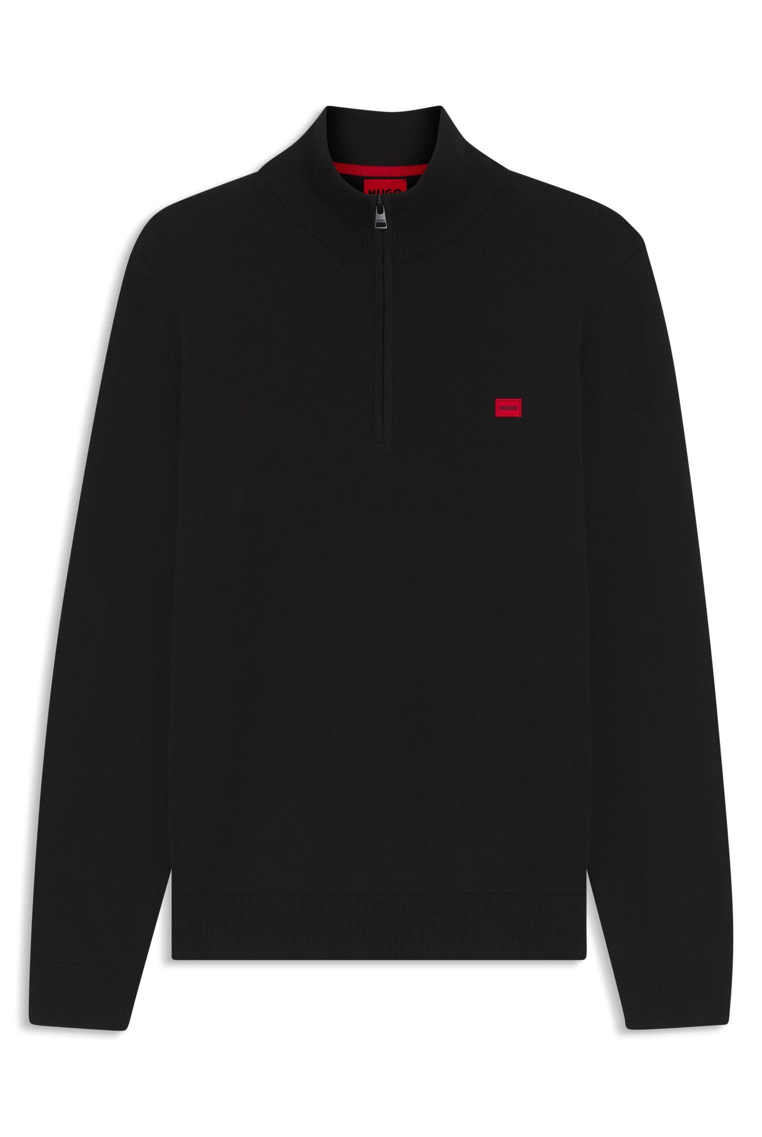 HUGO Mens San Quintus-C Logo-Label Zip-Neck Sweater Knitted in Cotton Black
