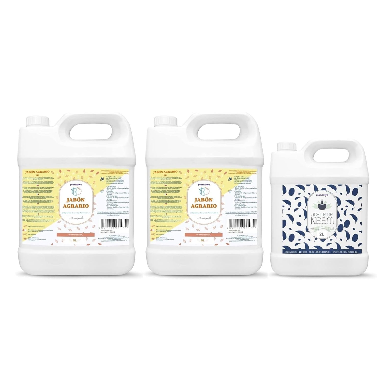 PLANTAWA Pack Jabón Potásico 2x5L + Aceite de Neem 2L | Solución Multiusos | Fácil Aplicación y Máxima Eficacia | Versátil | Uso en Interior y Exterior | Productos de origen natural