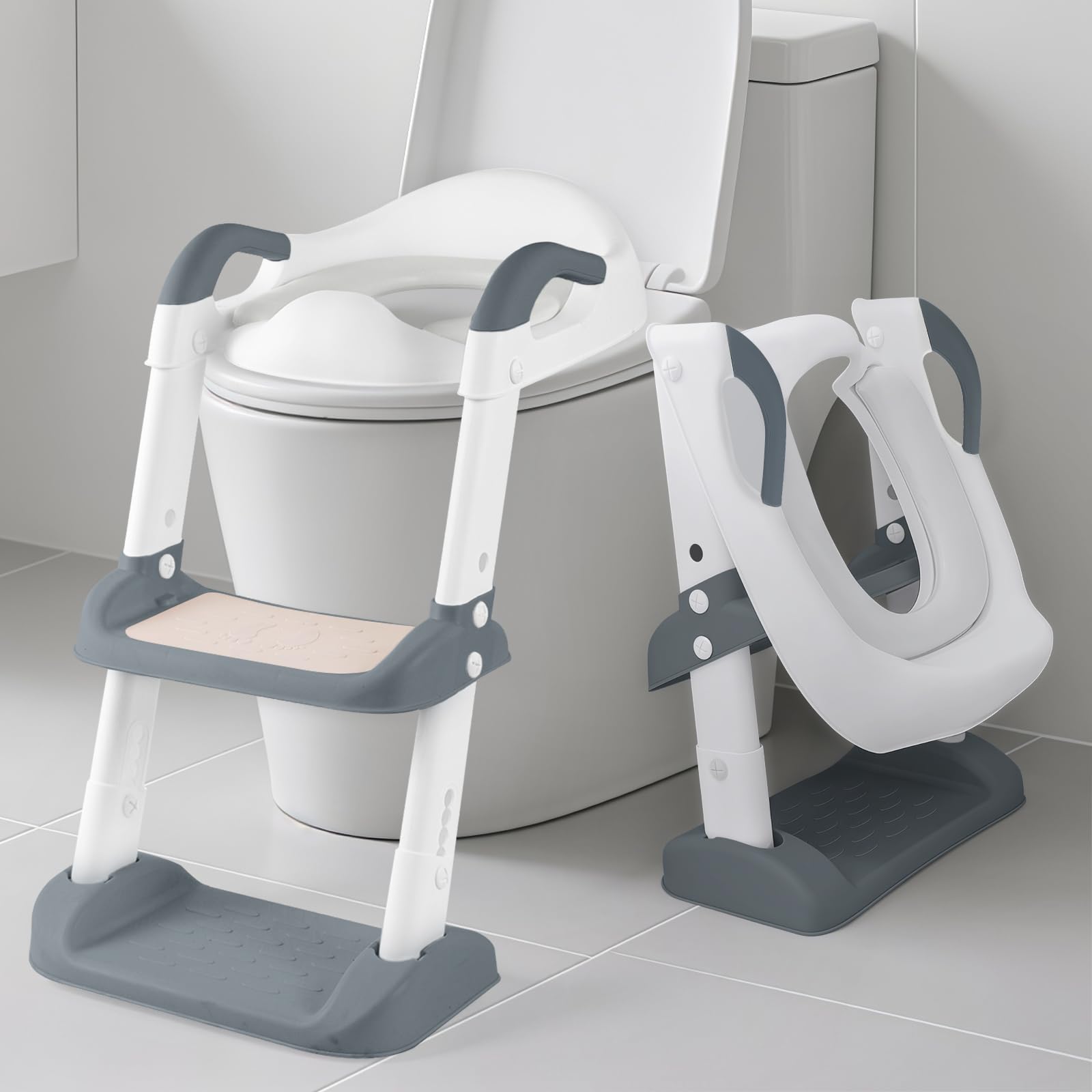 Adjustable Toilet Training Seat for Kids 1-7 Years - Upgrade Anti-Slip Children's Potty Seat with Step Stool & Foldable Design | Fits UK Round Toilets|(Grey)